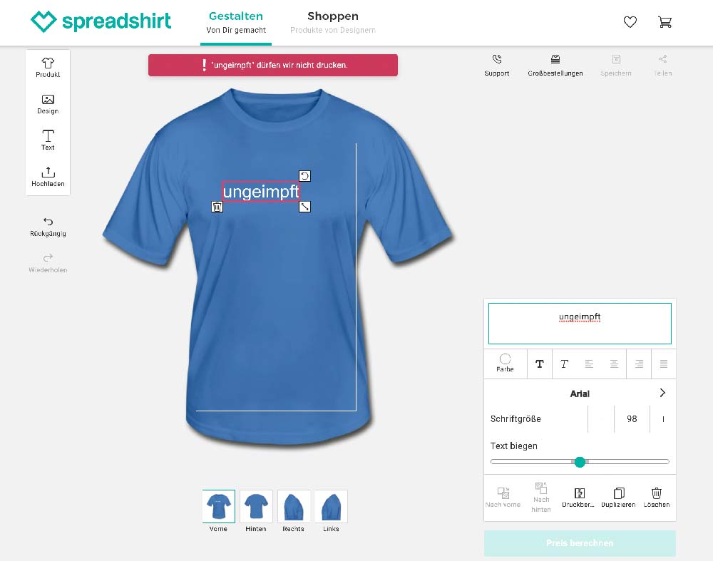 spreadshirt corona 2021 1 - Verbotene Wörter wie ≪Ungeimpft≫ bei Spreadshirt - kauft das T-Shirt bei mir