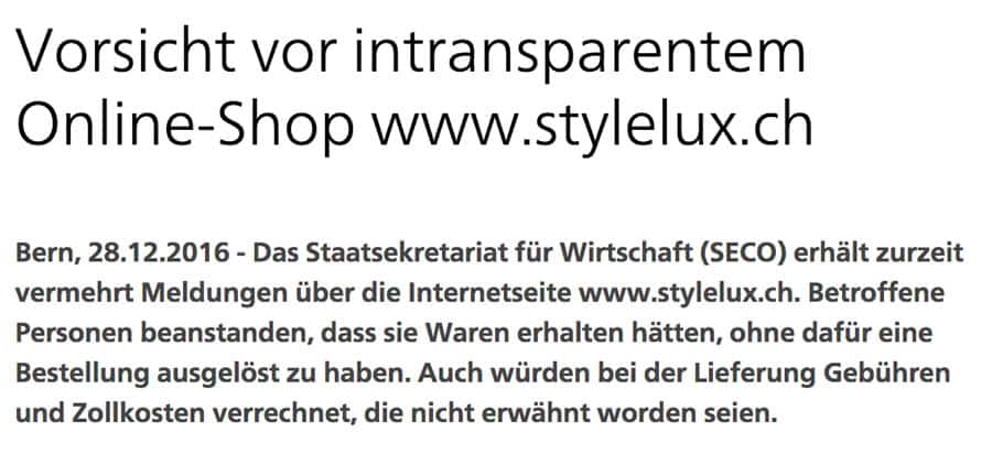 seco stylelux 1 - Schweizerisches Staatssekretariat für Wirtschaft warnt vor Online Shop